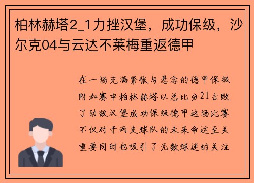 柏林赫塔2_1力挫汉堡，成功保级，沙尔克04与云达不莱梅重返德甲